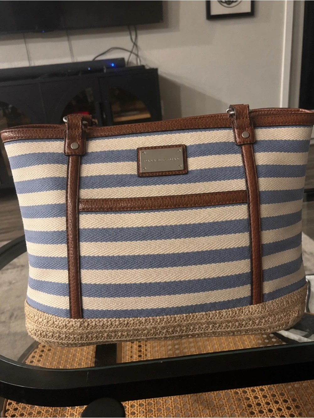 Banana Republic Blue and Cream Striped Tote with Brown Trim